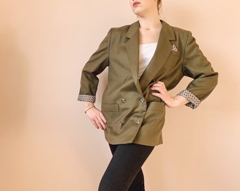 Vintage Wool Blazer M size - Retro Cardigan - Oversized Blazer - Vintage Green Longline Blazer - Pure Wool Cardigan from 80s  - Khaki Blazer