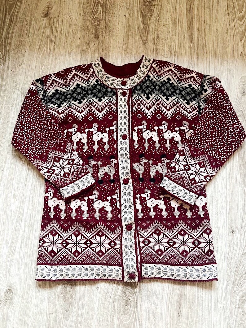 Vintage Nordic Knitwear Pure Wool Cardigan Retro Cardigan Vintage Red White Cardigan Christmas Sweater Warm Knitted Cardigan image 9