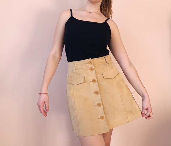 Vintage Suede Skirt - Button-Front Skirt - Retro S