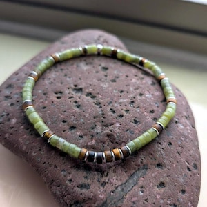 Men's Heishi Jade Stack Bracelet, Tiger Eye + Sterling silver, Protection, Strength, Prosperity