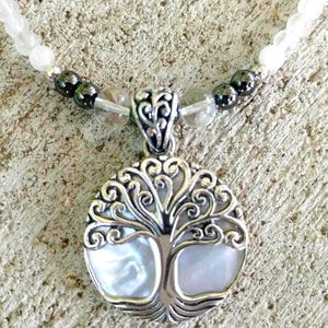 Sterling Abalone Tree of Life Pendant Necklace, Moonstone, Rose Quartz, Hematite, Grounding