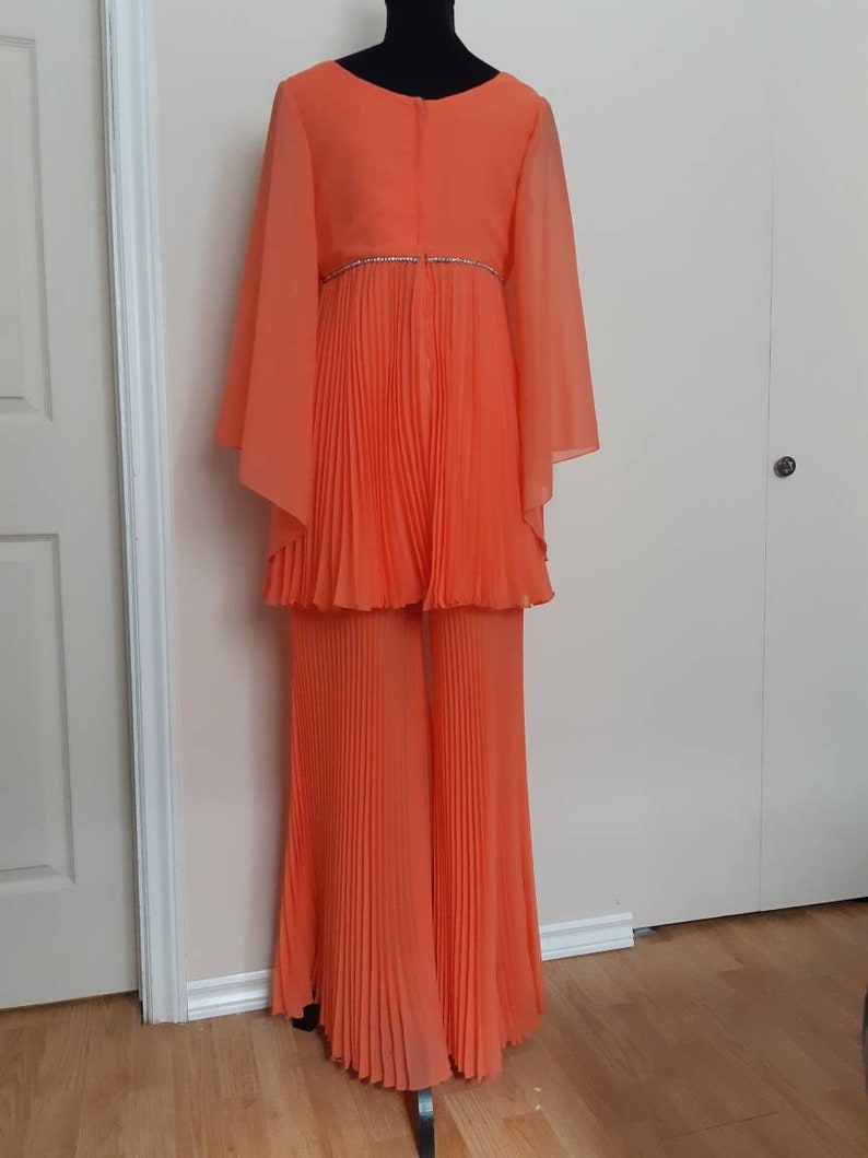 60s70s Handmade One-of-a-kind GradPromFestival Outfit 2pc Pleating and Rhinestones Shear Coral Fabric Babydoll Fit /& Flare Strange Meals