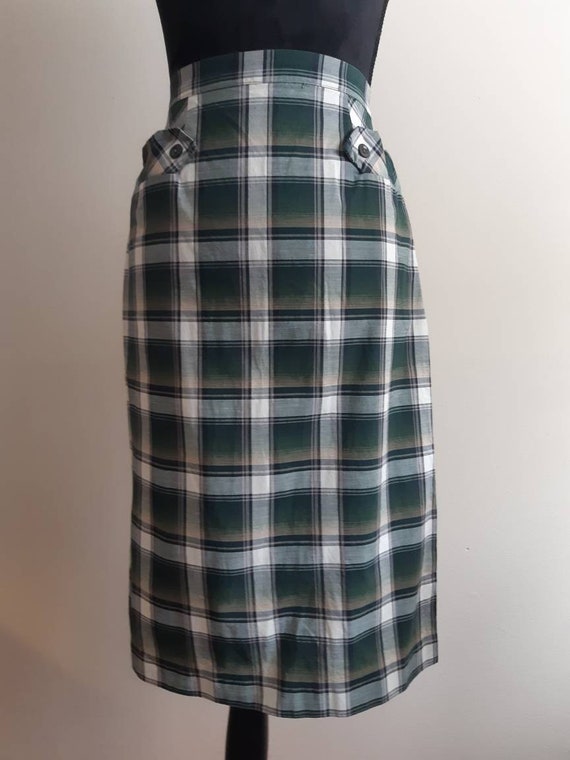 40s-50s High Waisted Military Green Plaid Skirt wi