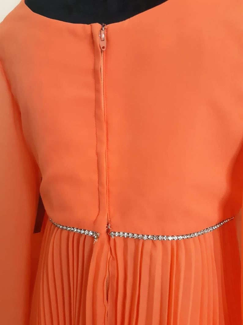 60s70s Handmade One-of-a-kind GradPromFestival Outfit 2pc Pleating and Rhinestones Shear Coral Fabric Babydoll Fit /& Flare Strange Meals