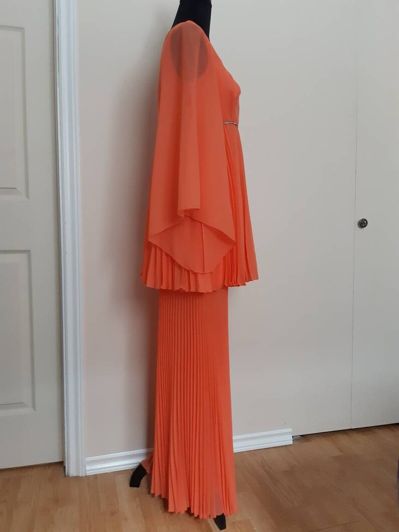 60s70s Handmade One-of-a-kind GradPromFestival Outfit 2pc Pleating and Rhinestones Shear Coral Fabric Babydoll Fit /& Flare Strange Meals