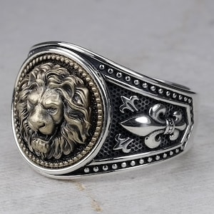Lion Head Mens Signet Ring with Fleur De Lis, Leo Zodiac Birthday Gift, Roaring Lion King of the Jungle, Real Sterling Silver 925 and Bronze