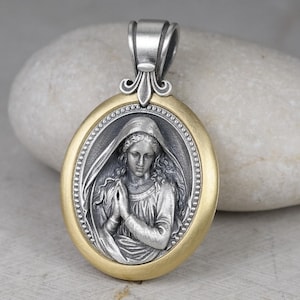 Oval Shape Holy Mother Gold Plated Necklace, Virgin Mary Pendant with 2.5mm Fleur de Lis Neck Chain, Real Sterling Silver 925 Icon Medallion