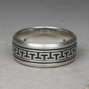Grieks sleutelpatroon bandring, Grieks statement ring, meandersymbool, oud Griekenland, unisex sieradenaccessoires, sterlingzilver