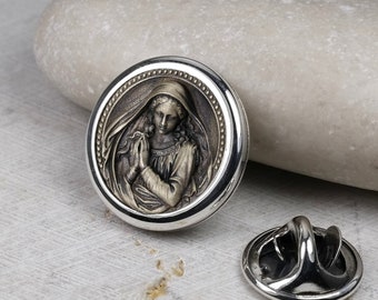 Virgin Mary Round Brooch Pin, Holy Mother Lapel Badge, Sterling Silver 925