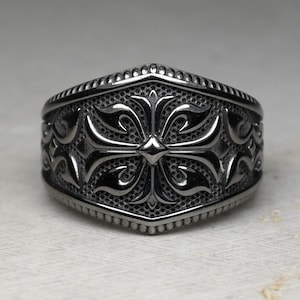 Black Rhodium Plated Gothic Cross Ring, Knight Style Unisex Band, Medieval Jewelry Accessories, Real Sterling Silver 925