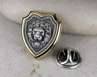 Gold Plated Lion Head Shield Pin, Leo Zodiac Brooch, Lapel Badge, Jewelry Accessories, Sterling Silver 925