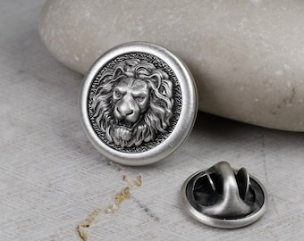 Round Lion Head Pin, Medieval Brooch, Lapel Badge, Gift for Him, Sterling Silver 925