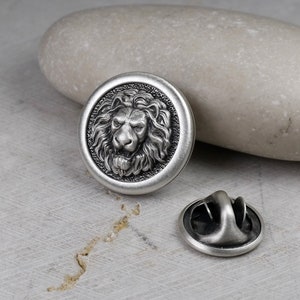 Round Lion Head Pin, Medieval Brooch, Lapel Badge, Gift for Him, Sterling Silver 925
