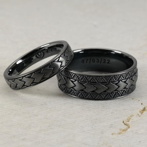Samoan Arrow Pattern Wedding Band Ring, Black Rhodium, Polynesian Unisex Jewelry, Sterling Silver 925