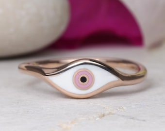 Evil Eye Ring, Pink Enamel Gold Ring, Solid Gold, 9k, 14k, 18k, Pinky Signet Ring, Women Gift, Eye design, Best Friend Gift, Good Luck Ring