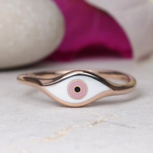 Evil Eye Ring, Pink Enamel Gold Ring, Solid Gold, 9k, 14k, 18k, Pinky Signet Ring, Women Gift, Eye design, Best Friend Gift, Good Luck Ring