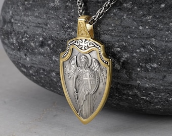 Saint Michael Gold Plated Necklace, 2.5mm Spiga Neck Chain, Commander of God's Armies, Shield Archangel Medallion, Silver 925