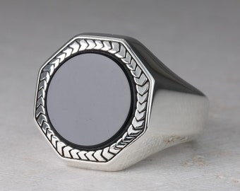 Octagonal Signet Ring, Classic Chevalier, Black Onyx, Red Carnelian Ring, Sterling Silver 925, Geometric Signet, Unisex Style Pinky Ring