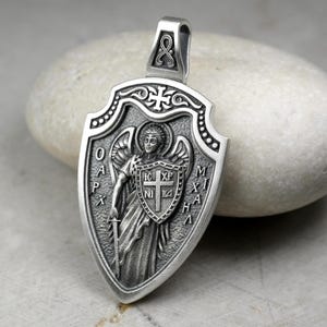 Saint Michael Silver Necklace, 2.5mm Spiga Neck Chain, St Michael Commander of God&#39;s Armies, Shield Archangel Medallion, Sterling Silver 925