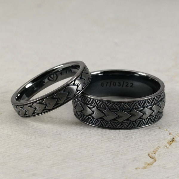 Samoan Arrow Pattern Wedding Band Ring, Black Rhodium, Polynesian Unisex Jewelry, Sterling Silver 925
