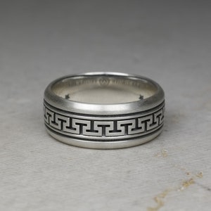 Greek Key Pattern Band Ring, Grecian Statement Ring, Meander Symbol, Ancient Greece, Unisex Jewelry Accessories, Sterling Silver