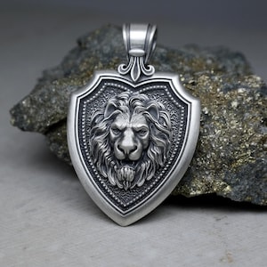 Shield Lion Head Pendant With Fleur de Lis, Braided Wheat Neck Chain 2.5mm, Sterling Silver 925 Necklace, Protection and Valor Medallion
