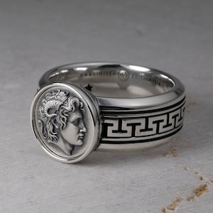 Alexander the Great Band Ring, Greek Key Pattern, Ancient Greece, Mythology Jewelry Accessories, Macedonian King, Sterling Silver