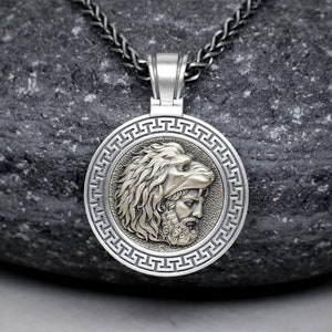 Hercules Round Pendant, Nemean Lion Necklace with Spiga Chain, Ancient Greek Mythology Medallion, Real Sterling Silver