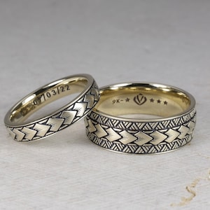 Samoan Arrow Pattern Wedding Band Ring, 9K Yellow Solid Gold With Black Rhodium, Couple Jewelry