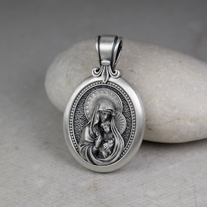 Holy Mother And Baby Jesus Pendant with Silver and Bronze Icon, 2.5mm Neck Chain, Fleur de Lis, Virgin Mary Oval Medallion, Sterling Silver