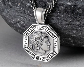 Alexander the Great of Macedon Pendant with Braided Wheat Neck Chain 2.5mm, Ancient Greek Mythology Necklace, Sterling Silver 925