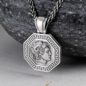 Alexander the Great of Macedon Pendant with Braided Wheat Neck Chain 2.5mm, Ancient Greek Mythology Necklace, Sterling Silver 925