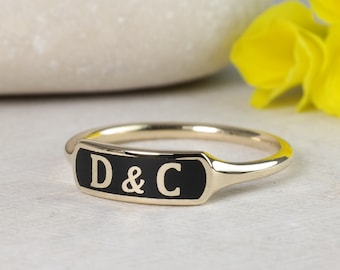 Black Enamel, Solid Gold, 9k, 14k, 18k, Signet Ring, Personalized, Letter, Initial Gold Jewelry, Solid Gold Ring, Monogram, Women, Pinky