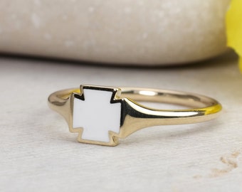 Maltese Cross Solid Gold, 9k, 14k, 18k, White, Enamel Ring, Pinky Signet Ring, Cross 6mm Shape ring, Women Gift, Bestfriend Gift, Rose Gold