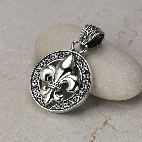 Fleur De Lis Pendant, Lily Flower Necklaces, Knotted Celtic Charm, Real Sterling Silver Medallion, Mens and Womens Jewelry Accessories