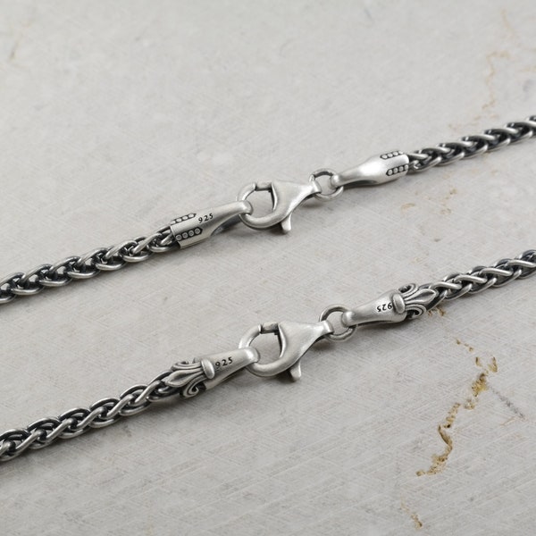 3.5MM Weizen geflochtene Halskette, Fleur De Lis, Italien Beste Spiga Verschluss Halskette, Männer Frauen Unisex 3mm Silber 925 Mann Kette, Geschenk für ihn sie