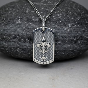Fleur De Lis Dog Tag Pendant, 2.5 mm Braided Wheat Neck Chain, Medieval Men Necklace, Sterling Silver 925