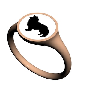 Custom order, Sheltie, Scottish Terrier, Solid Gold 14k, White & Black, Enamel Ring, Pinky Signet Ring, Round Shape, Women, Bestfriend Gift