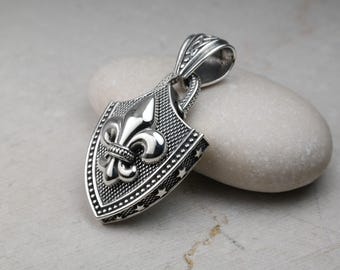 Fleur De Lis Shield Pendant, Knight Jewelry, Medieval Charm, Sterling Silver 925, Unique Design Necklace