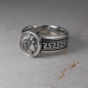 Alexander the Great Band Ring, Greek Key Pattern, Ancient Greece, Mythology Jewelry Accessories, Macedonian King, Sterling Silver