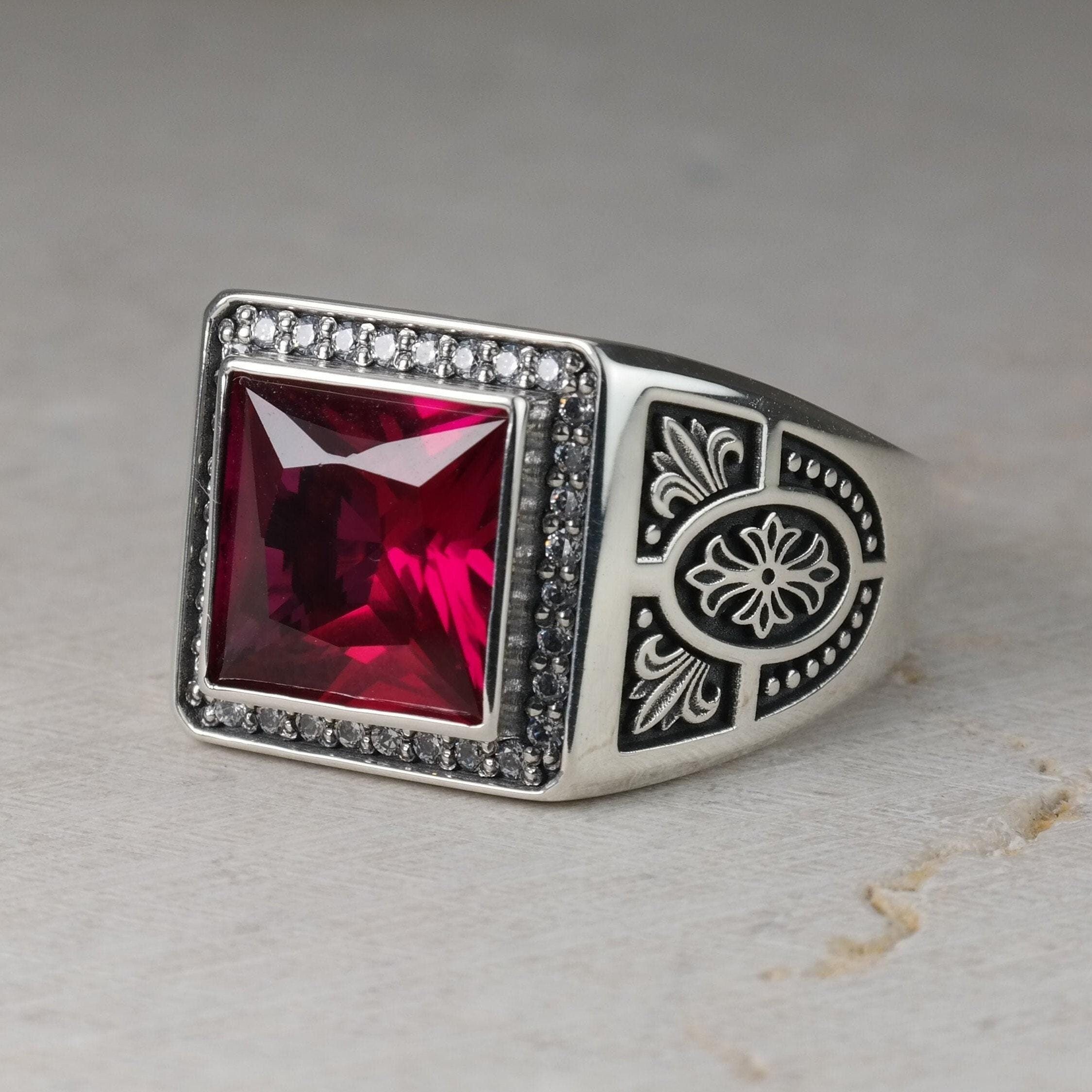 Square Stone 10X10 Signet Mens Ring with Fleur de Lis design, Chevalier with Black White Red Blue Gemstone, Custom Real Sterling Silver 925