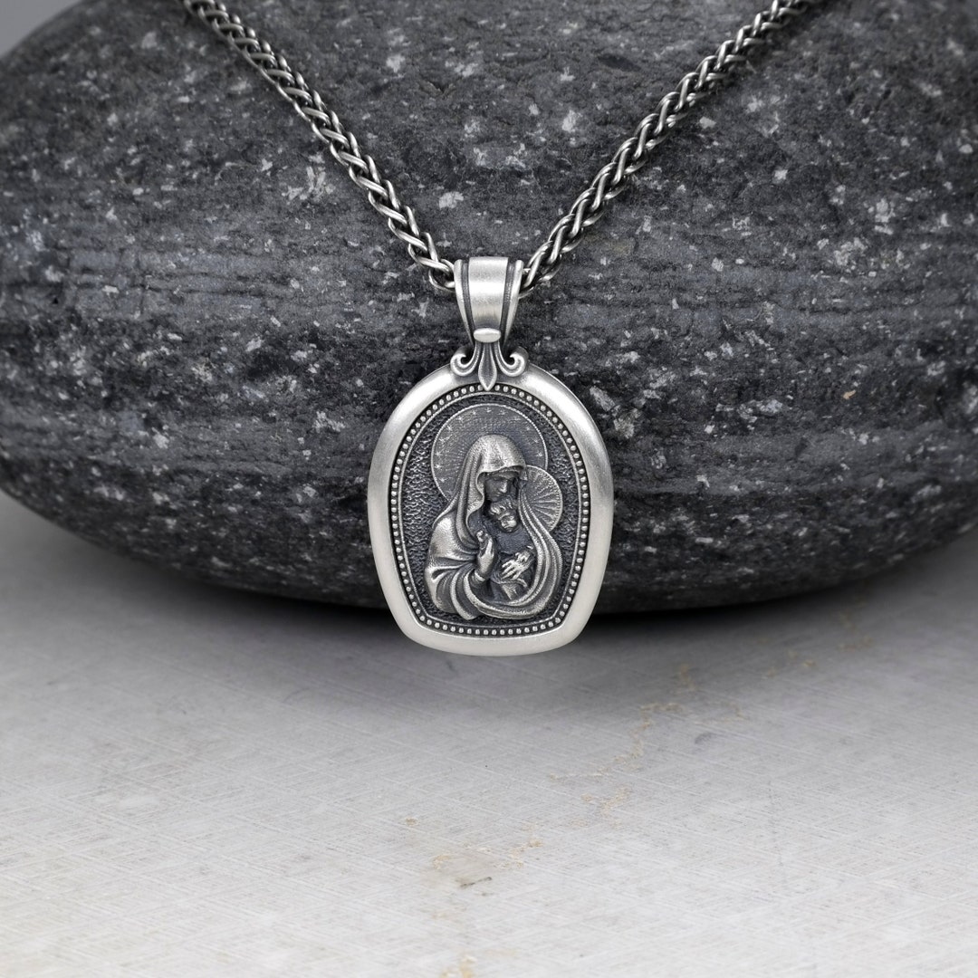 Virgin Mary Necklace With Fleur De Lis Holy Mother and Baby - Etsy