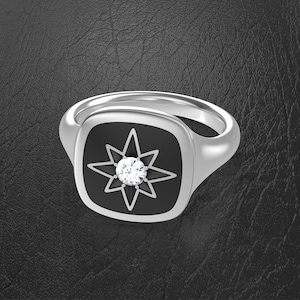 Argent sterling 925, chevalière étoile, bague étoile, bague étoile du nord, boussole, bague polaris, petit doigt, coussin, forme, cadeau femme