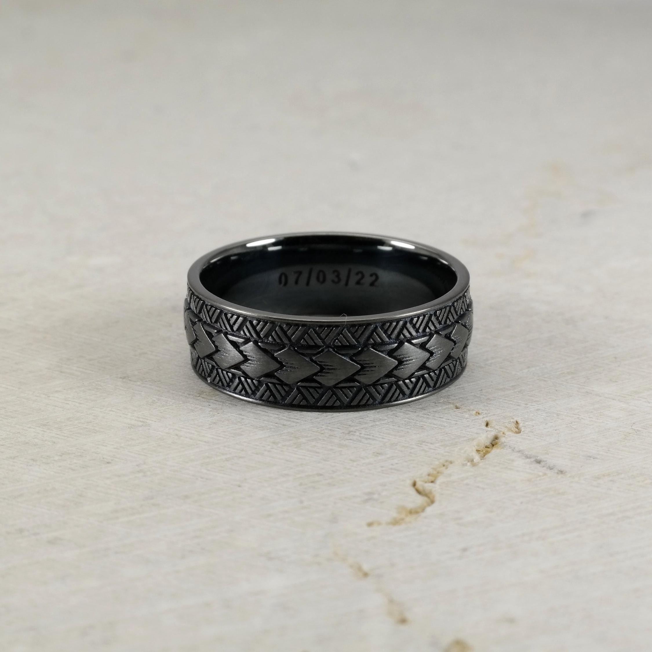 Samoan Arrow Pattern Wedding Band Ring, Black Rhodium, Polynesian ...