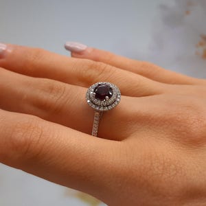 Round 6mm Garnet Engagement Ring, Silver Ring, Double Halo Ring, Simulated Garnet Ring, Halo Engagement Ring, Wedding Ring, Women Ring