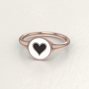 Heart Solid Gold, 9k, 14k, 18k, White, Black, Enamel Ring, Pinky Signet Ring, Round Shape ring, Women Gift, Bestfriend Gift