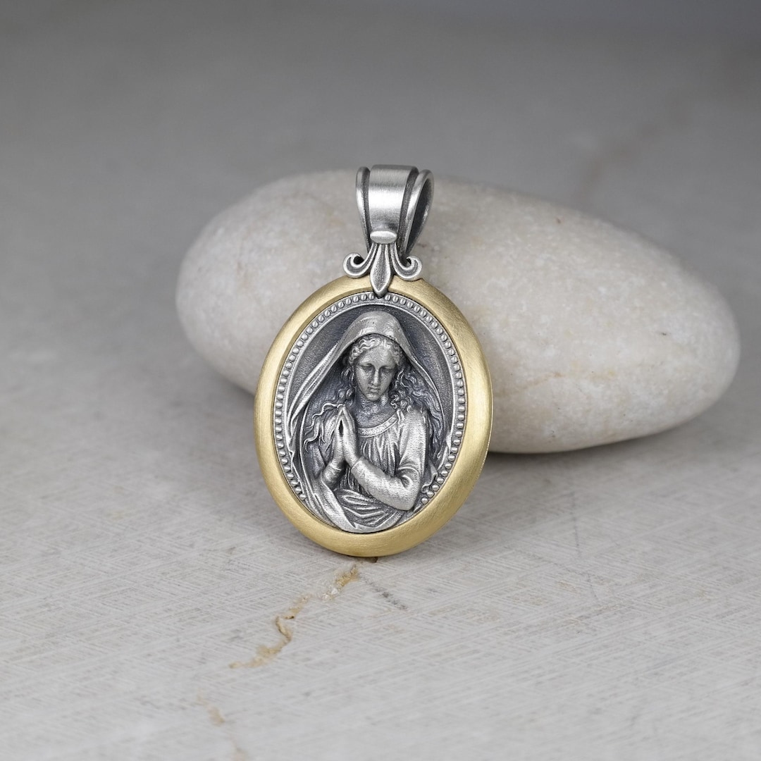 Oval Shape Holy Mother Gold Plated Necklace, Virgin Mary Pendant With 2 ...