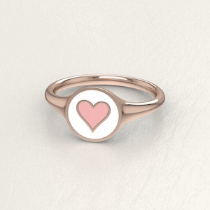 Heart Solid Gold, 9k, 14k, 18k, White, Pink, Enamel Ring, Pinky Signet Ring, Round Shape ring, Women Gift, Bestfriend Gift