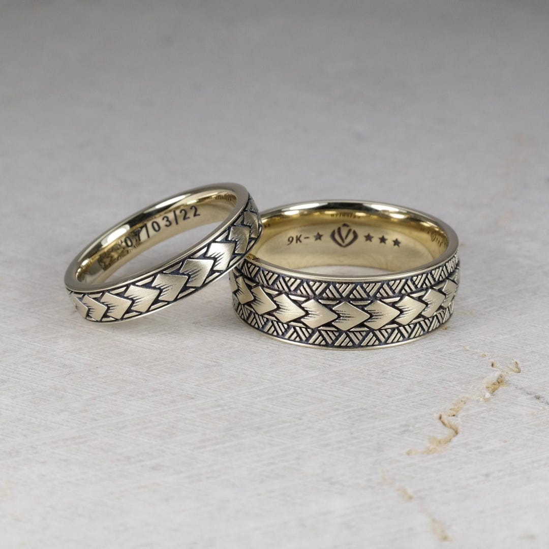Samoan Arrow Pattern Wedding Band Ring, 9K Yellow Solid Gold With Black ...