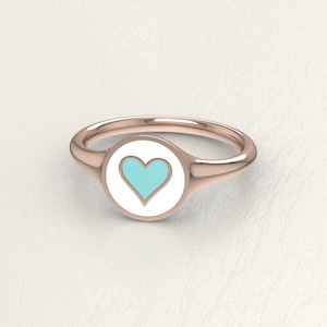 Heart Solid Gold, 9k, 14k, 18k, White, Turquoise Enamel Ring, Pinky Signet Ring, Round Shape ring, Women Gift, Bestfriend Gift